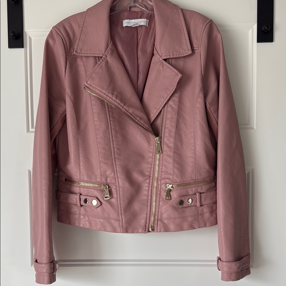 Women's Pink Faux Leather Moto Jacket by New York and Company